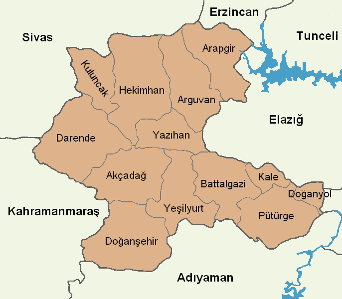 Malatya ilçe haritası: Akçadağ, Arapgir, Arguvan, Battalgazi, Darende, Doğanşehir, Doğanyol, Hekimhan, Kale, Kuluncak, Pütürge, Yazıhan ve Yeşilyurt.
